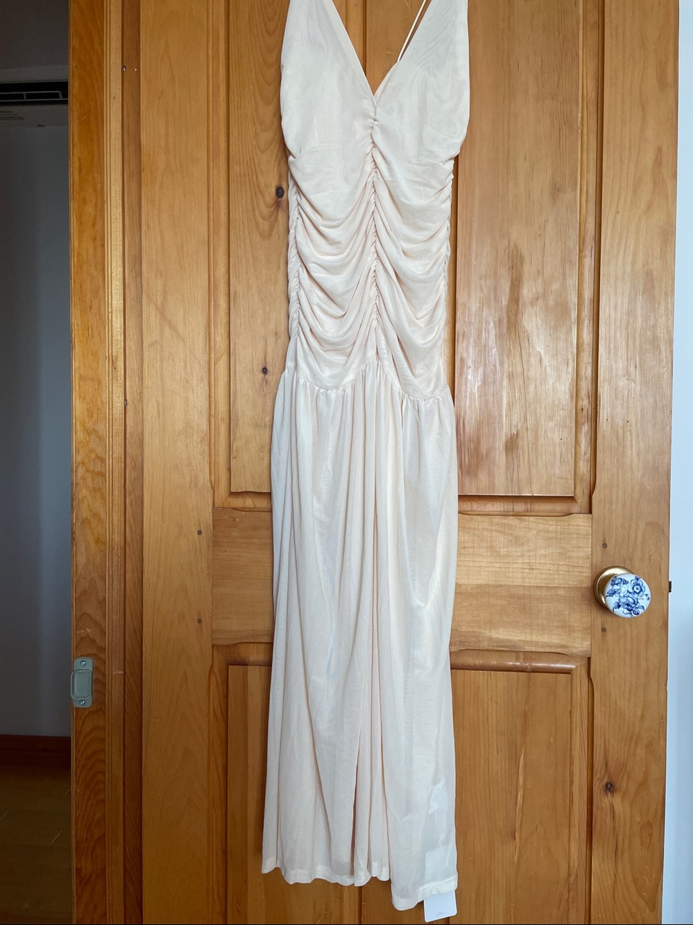 M    NWT  Ruched V-Neck SHEER Slip Dress in Cream